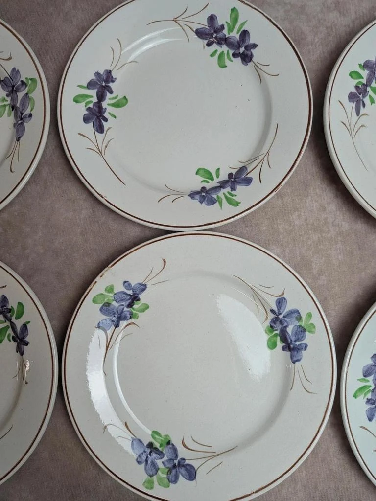 Lot de 9 pratos antigos de terra de fer – Opaque de Bordeaux – decoração floral pintada à mão – photo 5